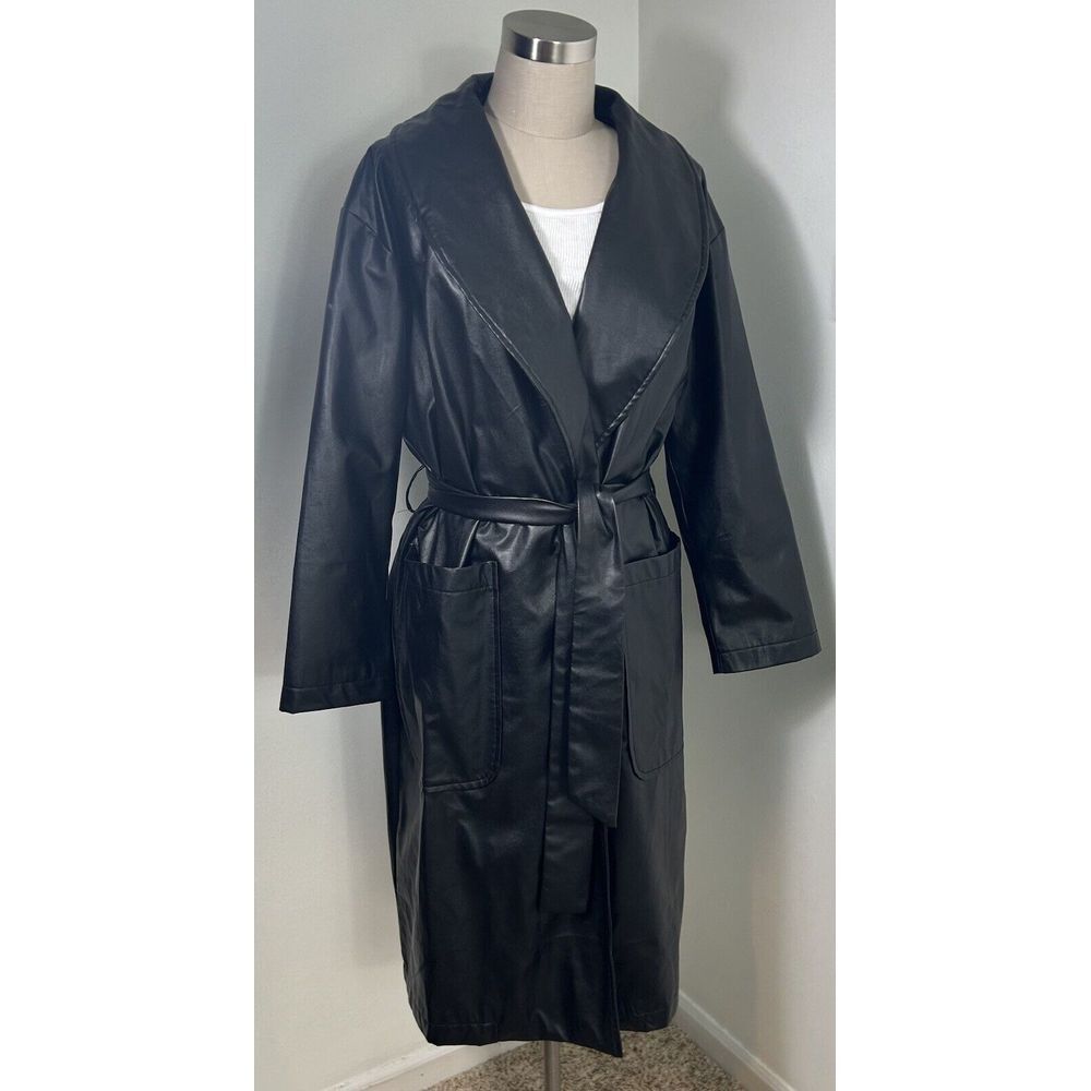 Faux Leather Black Open Trench Coat Belted Patch Pocket Women's Size 6